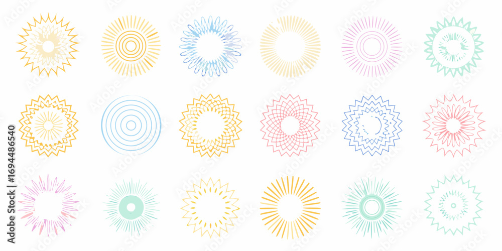 Collection of colorful abstract circular geometric patterns and sunburst designs on a white background Collection of colorful abstract circular geometric patterns and sunburst designs on a white background