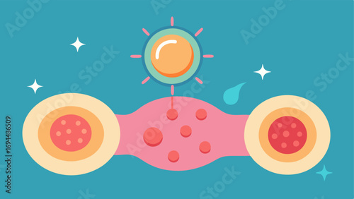 Cellular Interaction An illustration of exosome particles interacting with skin cells symbolizing their role in communication and healing.