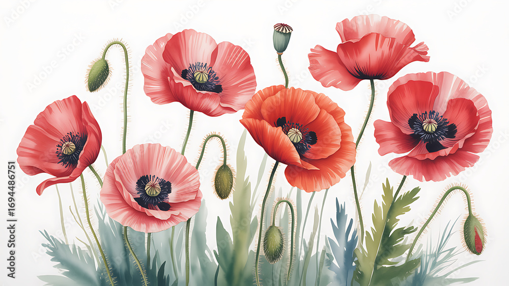 Fototapeta premium Watercolor painting of red poppy flowers isolated on white background, a vibrant floral arrangement for design