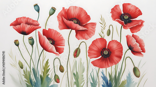 Watercolor painting of red poppy flowers isolated on white background, a vibrant floral arrangement for design
