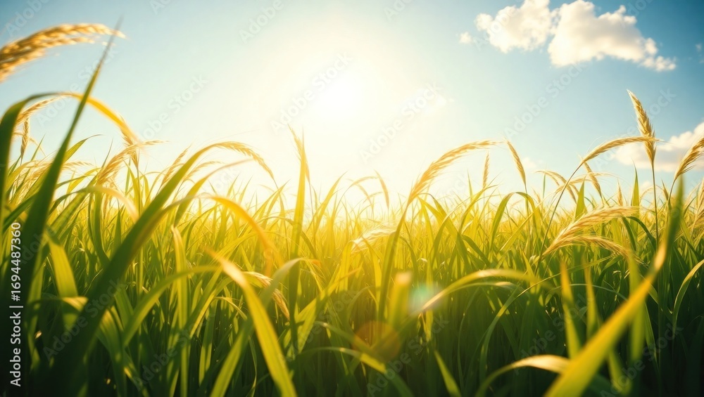 Fototapeta premium Sunlit Green Field of Tall Grass Under Bright Sky