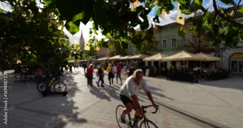 Defocused view captures ambiance of famous Zmaj Jovina street in Novi Sad. Green leaves on trees hang over, blurred background create picturesque scene of cozy pedestrian alley.