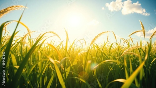 Sunlit Green Field of Tall Grass Under Bright Sky