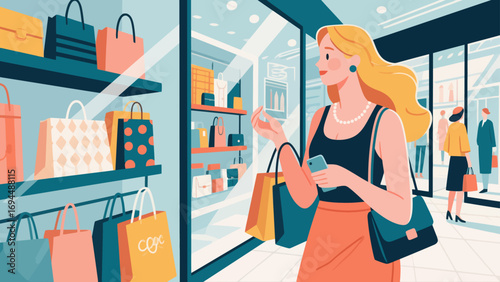 Fashionable beauty, shopping and strolling, flat design, hand-drawn vector illustrations