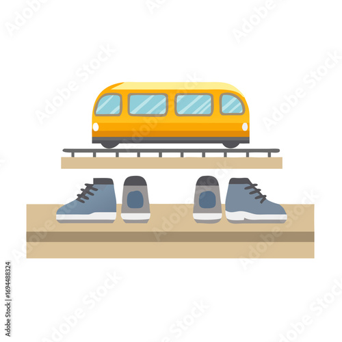 Vector art of toy train and sneakers on a shelf