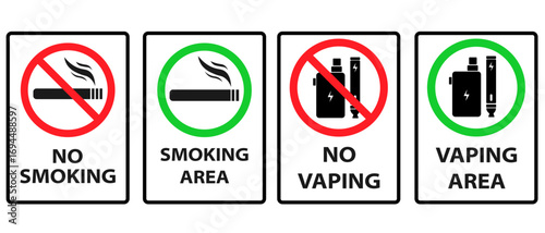 Vector image of a no smoking or no vaping sign. No smoking, prohibition symbols. No smoking zone, printable sign, red and green colors. Element for your design