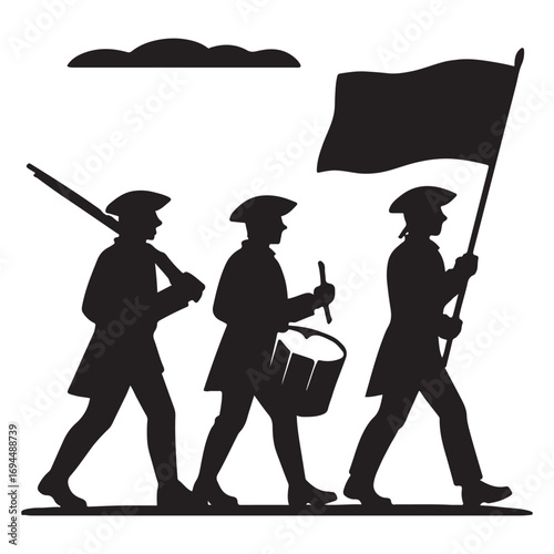 American Revolution Soldiers Silhouette, Colonial War History Vector Illustration