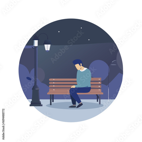 Vector art of man sitting on bench under street light at night in vector art