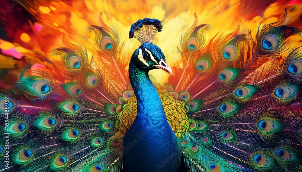 Obraz premium a majestic peacock with its feathers unfurled displaying a kaleidoscope of colors beautiful bird ideal for beauty and nature generative ai