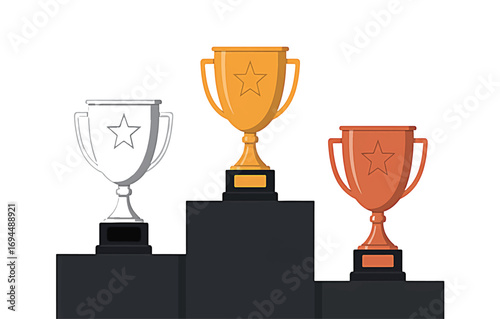 Triumphant Podium Displaying Gold, Silver, and Bronze Trophies for Sporting Achievements and Success