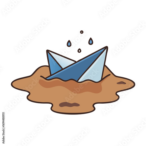 Vector art of paper boat sinking in a puddle