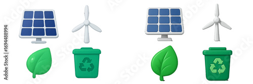 3D realistic ecology icons for renewable energy including solar panels, wind turbines, green leaves, and recycling bin symbols for sustainability concepts