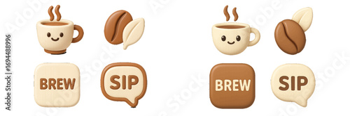 Cute 3D coffee icon set with kawaii character mug, coffee bean, and text buttons for brew and sip on a white background
