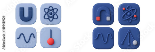 Science and physics icon collection with magnet, atom, wave, and pendulum symbols for educational or scientific use