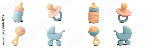 3D baby care icon set with feeding bottle, pacifier, rattle, and stroller for newborn and infant accessories isolated on white background