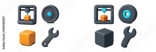 Collection of 3D style icons representing additive manufacturing technology including a 3D printer, filament spool, cube model, and wrench tool