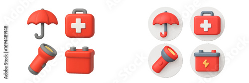 Emergency and safety objects for insurance and roadside assistance concepts with an umbrella, first aid kit, flashlight, and car battery