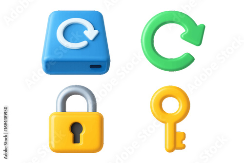 3D icon set for data security and backup with padlock, key, refresh arrow, and hard drive symbols for user interface design