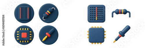 Collection of 3D style electronic component icons featuring a breadboard, resistor, CPU microchip, and a precision screwdriver