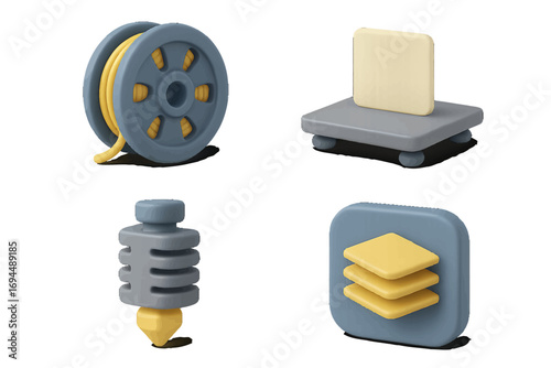 3D printing icon set with filament spool, printer nozzle, build plate, and layer symbols for technology and manufacturing concepts