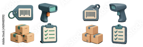 3D icon set for logistics and delivery with barcode scanner, cardboard boxes, price tag, and checklist for warehouse management
