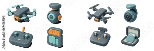 Modern 3D icon set featuring a drone quadcopter, remote controller, surveillance camera, and memory card for aerial videography
