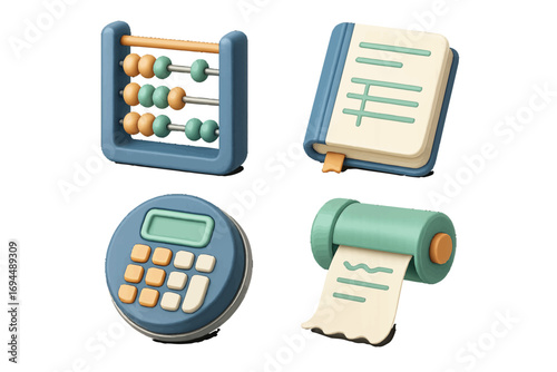 Set of icons including abacus, calculator, ledger, and receipt for finance, business, and accounting concepts on a white background