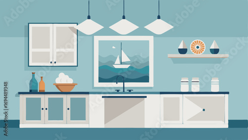 A modern kitchen with sleek white cabinets and a marble countertop featuring a chandelier made of shells and a framed print of a sailboat.