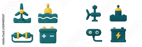 3D renewable energy icon set with offshore wind turbine, wave power generator, tidal turbine, and electric car battery