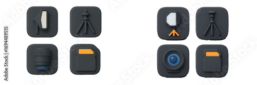 3D photography and videography equipment icon set with camera, lens, tripod, and memory card for modern user interface design