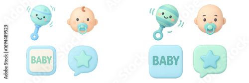 Set of cute newborn icons in a soft pastel color palette featuring a baby face with pacifier, a rattle toy, and a star symbol