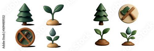 Rendered ecology icon set with tree, sprout, and deforestation symbols for environmental conservation concepts on a white background