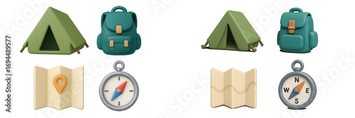 Essential outdoor adventure and camping gear set with tent, backpack, map, and compass icons