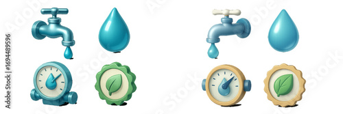 Modern stylized icons for water conservation, environmental protection, and resource management featuring faucets, water drops, meters, and green leaves