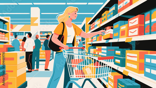 Fashionable beauty, shopping and strolling, flat design, hand-drawn vector illustrations