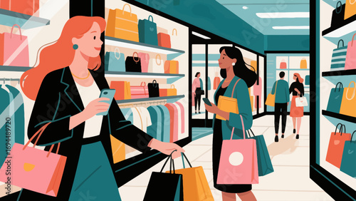 Fashionable beauty, shopping and strolling, flat design, hand-drawn vector illustrations