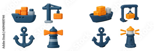 Collection of maritime transport icons including a cargo container ship, port crane, nautical anchor, and lighthouse for global logistics and freight business