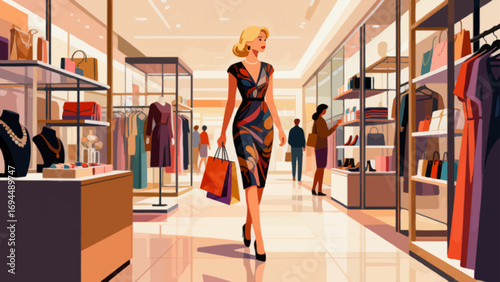 Fashionable beauty, shopping and strolling, flat design, hand-drawn vector illustrations