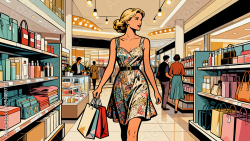 Fashionable beauty, shopping and strolling, flat design, hand-drawn vector illustrations