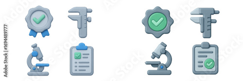 3D icons for quality control and inspection processes featuring a microscope for analysis, caliper for measurement, checklist for standards, and certification badge for approval