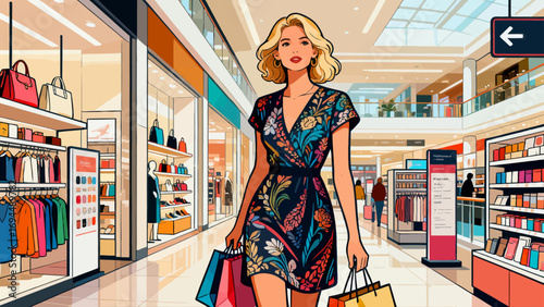 Fashionable beauty, shopping and strolling, flat design, hand-drawn vector illustrations