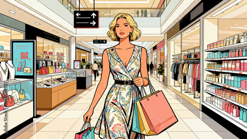 Fashionable beauty, shopping and strolling, flat design, hand-drawn vector illustrations
