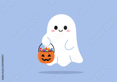 Adorable smiling ghost with pumpkin candy basket for Halloween, perfect for invitations, party decor, or children's designs, vector illustration