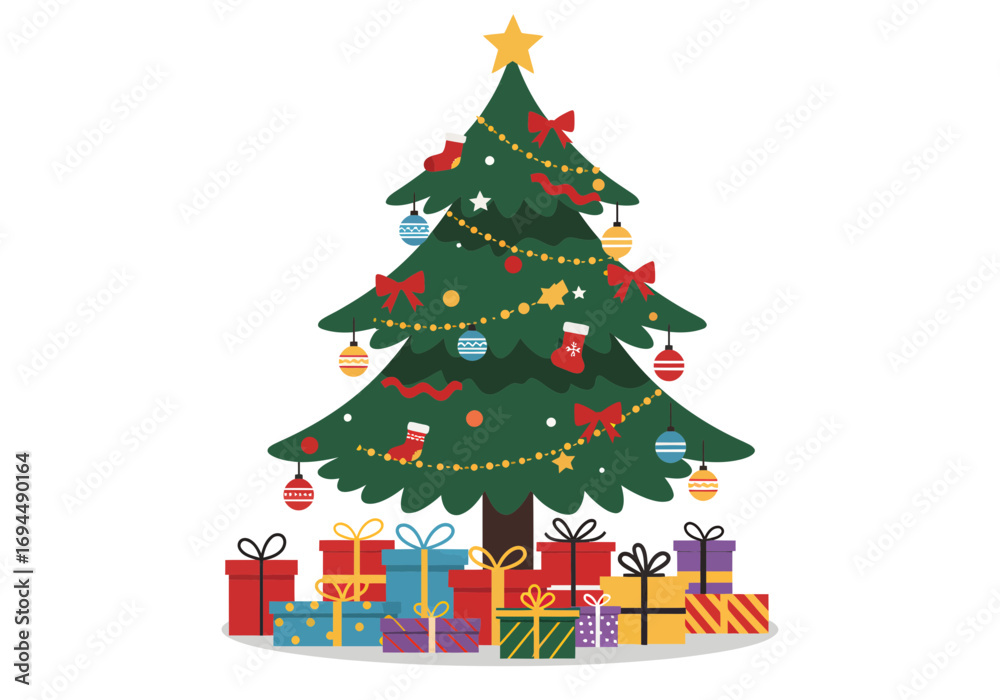 Naklejka premium Festive Christmas tree adorned with ornaments and stockings stands proudly above a collection of vibrant presents, radiating holiday cheer and joy