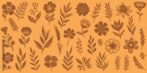 Botanical Array: Earth-Toned Flora in Graphic Harmony, A curated grid of stylized botanical illustrations rendered in rich brown tones against a warm orange backdrop.