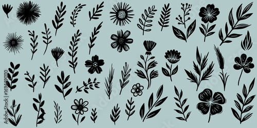 Botanical Contrast: Stylized Flora on Blue Canvas, A refined set of black botanical illustrations arranged on a soft light blue background.