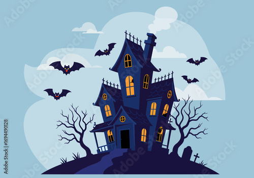Spooky haunted house with bats, perfect for Halloween designs and thrilling seasonal marketing campaigns, evokes eerie fun and playful chills