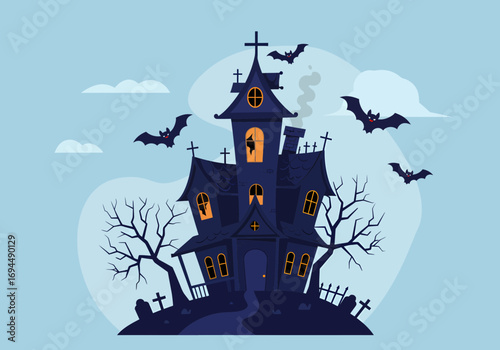 Spooky haunted house with bats flying, perfect for Halloween invitations and party decorations, designed with a whimsical, cartoonish style for fun seasonal designs