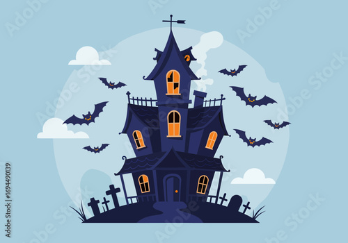 Spooky Halloween haunted house with bats, perfect for invitations, decorations, or festive designs, adding a chilling yet charming touch to your projects
