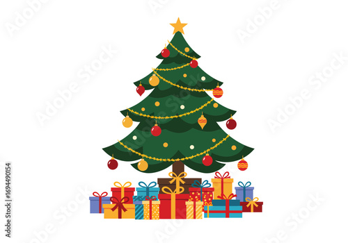 Festive Christmas tree adorned with colorful ornaments and a radiant star, surrounded by a pile of beautifully wrapped gifts conveying holiday cheer